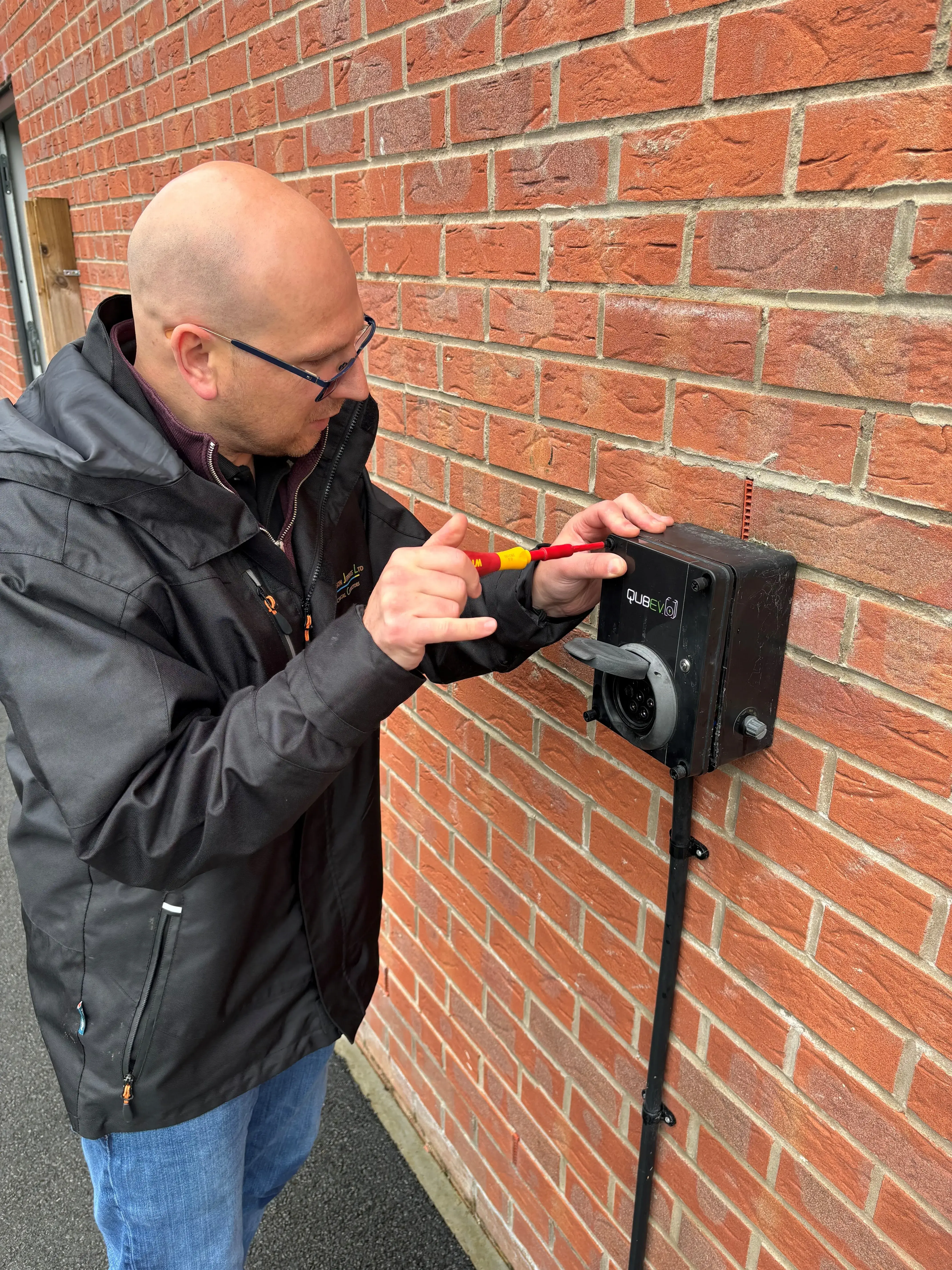 man in a black jacket using a screwdriver to plug a power outlet